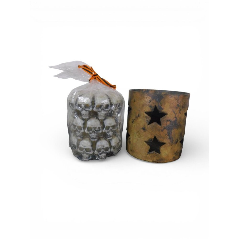 Vintage Rustic Metal Star Luminary Candle Holder w Skull Candles